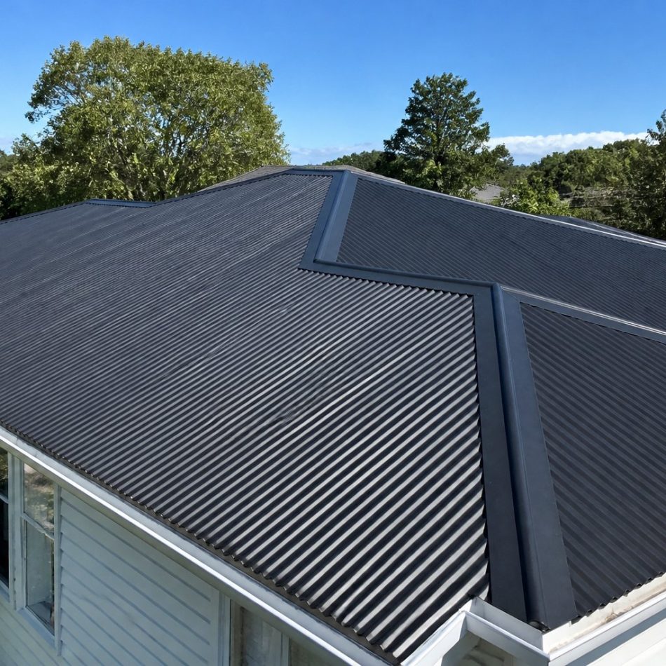 freshly completed charcoal corrugated Colorbond re-roof on an Australian home