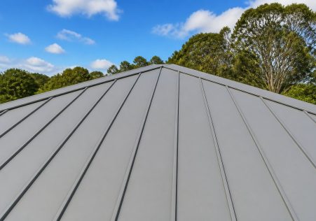 close up of a light grey standing seam Colorbond steel roof